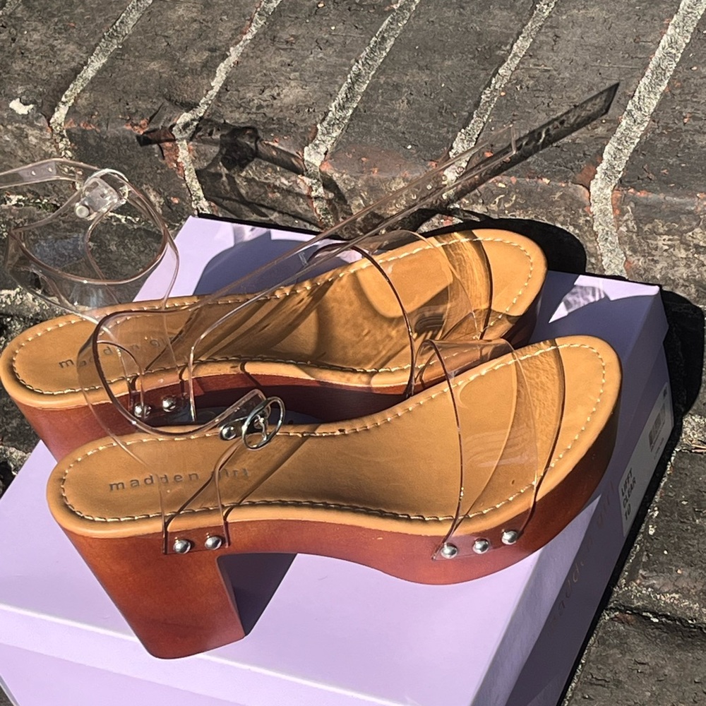 (NEW) Madden Girl Clear Strap Block Heel Sandals